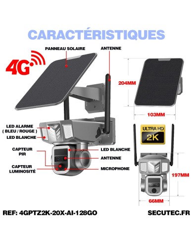 Double caméra pilotable solaire 4G UHD 2K waterproof Zoom X20 autotracking IR détection de mouvement 128 Go Double caméra pilotable solaire 4G UHD 2K waterproof Zoom X20 autotracking IR détection de mouvement 128 Go