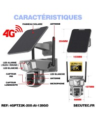 Double caméra pilotable solaire 4G UHD 2K waterproof Zoom X20 autotracking IR détection de mouvement 128 Go