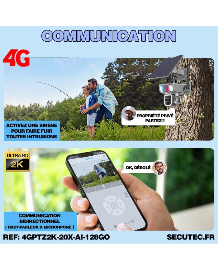 Double caméra pilotable solaire 4G UHD 2K waterproof Zoom X20 autotracking IR détection de mouvement 128 Go
