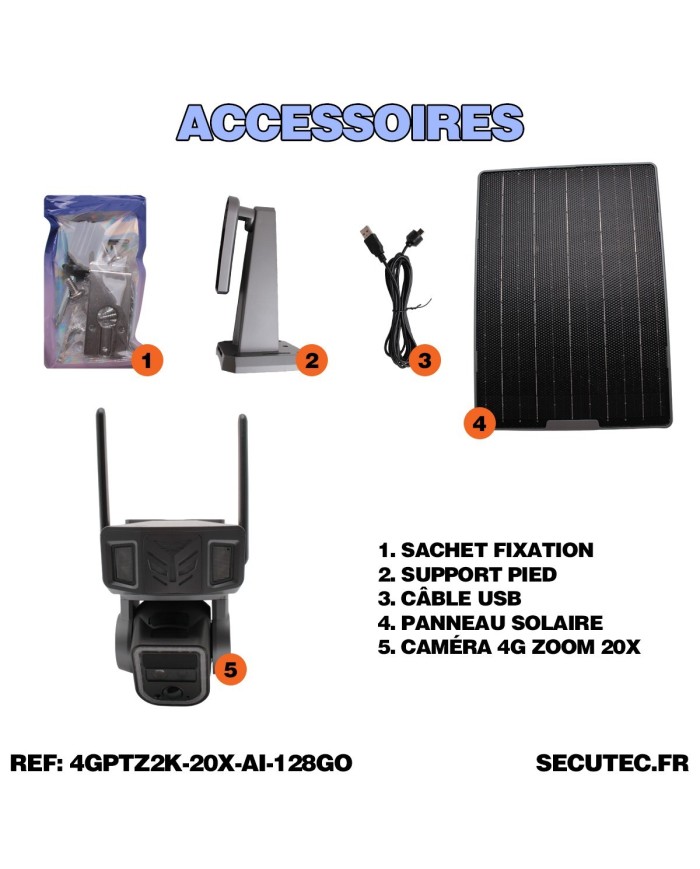 Double caméra pilotable solaire 4G UHD 2K waterproof Zoom X20 autotracking IR détection de mouvement 128 Go