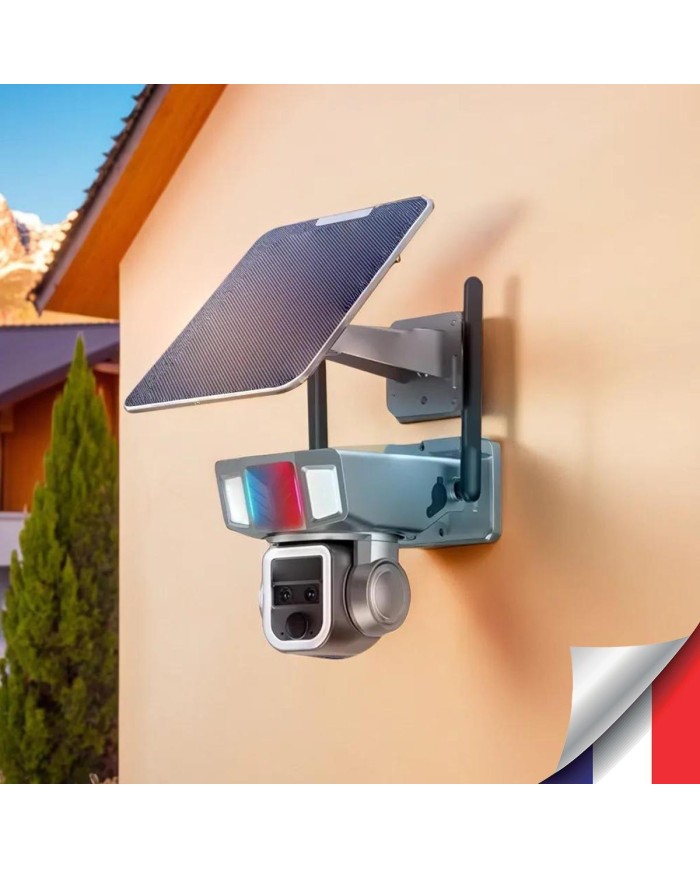 Double caméra pilotable solaire Wifi UHD 2K waterproof Zoom X20 autotracking IR détection de mouvement microSD 128 Go