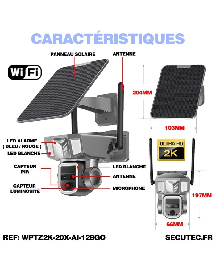 Double caméra pilotable solaire Wifi UHD 2K waterproof Zoom X20 autotracking IR détection de mouvement microSD 128 Go