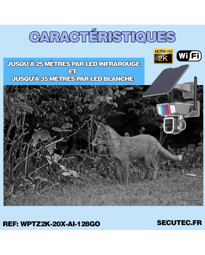 Double caméra pilotable solaire Wifi UHD 2K waterproof Zoom X20 autotracking IR détection de mouvement microSD 128 Go