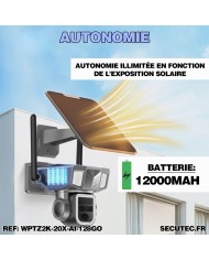 Double caméra pilotable solaire Wifi UHD 2K waterproof Zoom X20 autotracking IR détection de mouvement microSD 128 Go