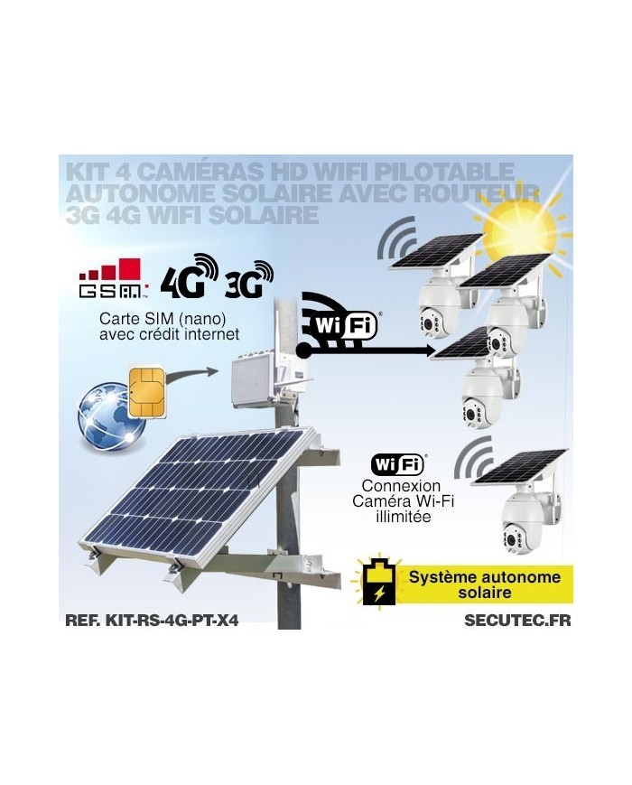 Kit vidéosurveillance 3G 4G autonome solaire avec 4 caméras pilotables solaires WiFi HD 1080P 64 Go