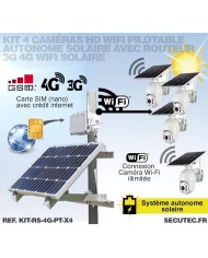 Kit vidéosurveillance 3G 4G autonome solaire avec 4 caméras pilotables solaires WiFi HD 1080P 64 Go