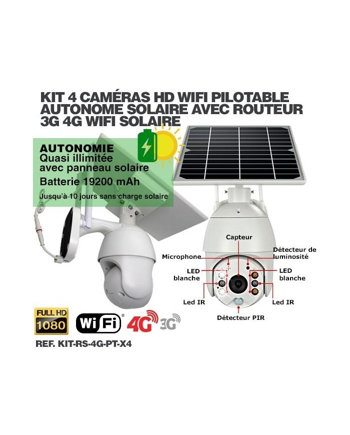Kit vidéosurveillance 3G 4G autonome solaire avec 4 caméras pilotables solaires WiFi HD 1080P 64 Go