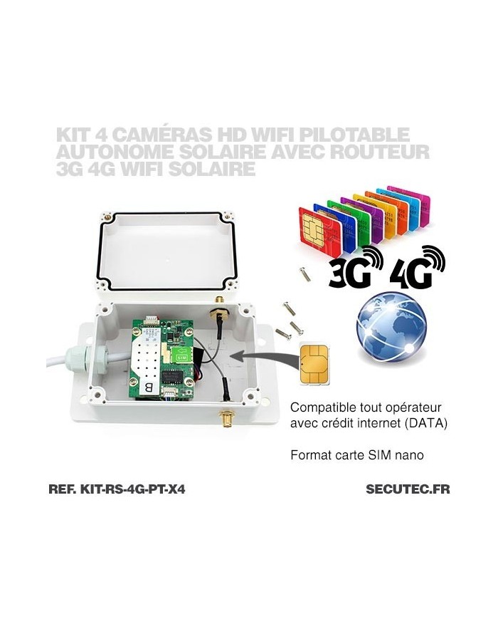 Kit vidéosurveillance 3G 4G autonome solaire avec 4 caméras pilotables solaires WiFi HD 1080P 64 Go