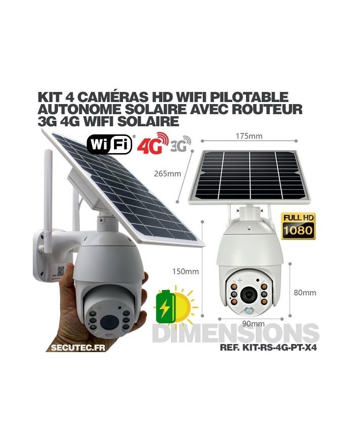 Kit vidéosurveillance 3G 4G autonome solaire avec 4 caméras pilotables solaires WiFi HD 1080P 64 Go