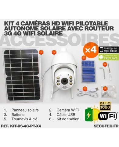 Kit vidéosurveillance 3G 4G autonome solaire avec 4 caméras pilotables solaires WiFi HD 1080P 64 Go Kit vidéosurveillance 3G 4G autonome solaire avec 4 caméras pilotables solaires WiFi HD 1080P 64 Go