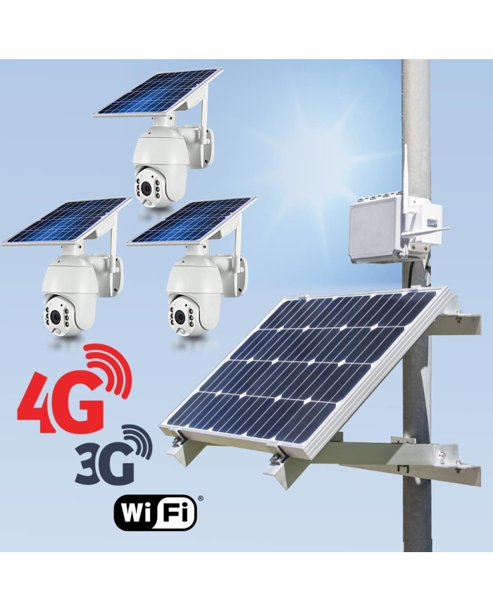 Kit vidéosurveillance 3G 4G autonome solaire avec 3 caméras pilotables solaires WiFi HD 1080P 64 Go