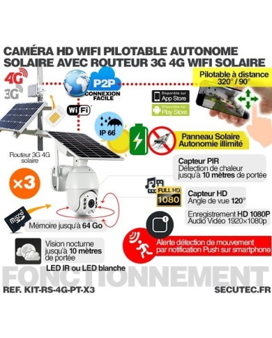 Kit vidéosurveillance 3G 4G autonome solaire avec 3 caméras pilotables solaires WiFi HD 1080P 64 Go Kit vidéosurveillance 3G 4G autonome solaire avec 3 caméras pilotables solaires WiFi HD 1080P 64 Go