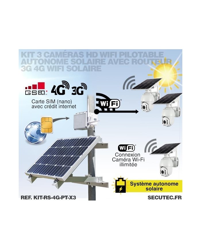 Kit vidéosurveillance 3G 4G autonome solaire avec 3 caméras pilotables solaires WiFi HD 1080P 64 Go