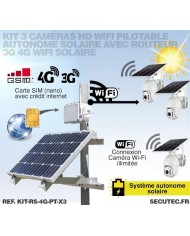 Kit vidéosurveillance 3G 4G autonome solaire avec 3 caméras pilotables solaires WiFi HD 1080P 64 Go