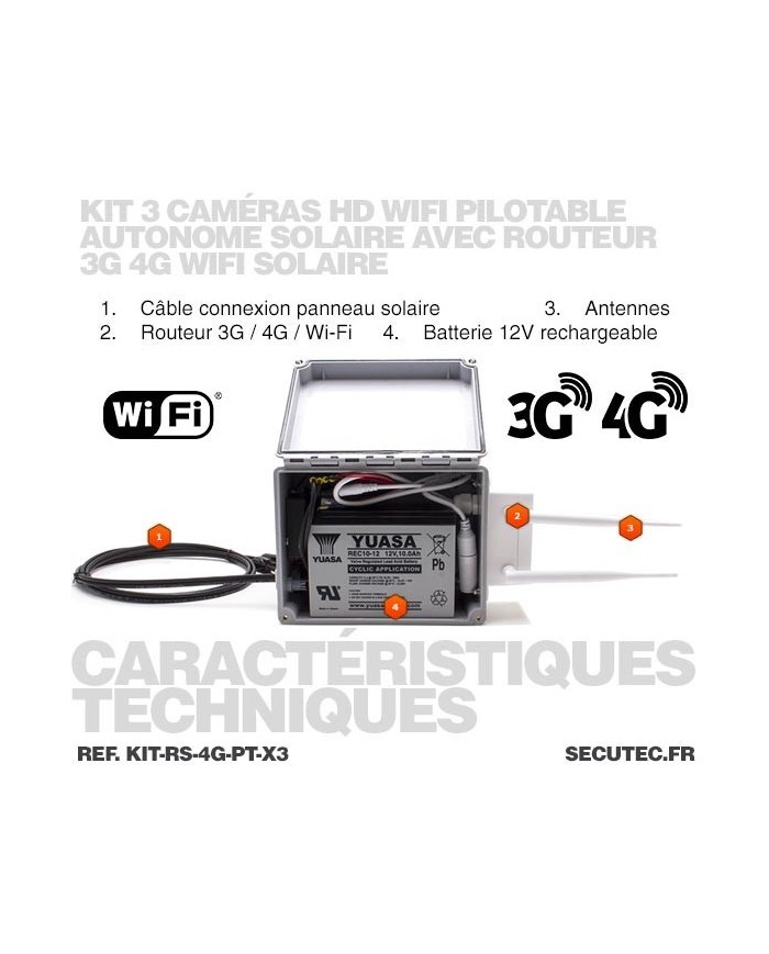 Kit vidéosurveillance 3G 4G autonome solaire avec 3 caméras pilotables solaires WiFi HD 1080P 64 Go
