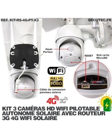 Kit vidéosurveillance 3G 4G autonome solaire avec 3 caméras pilotables solaires WiFi HD 1080P 64 Go Kit vidéosurveillance 3G 4G autonome solaire avec 3 caméras pilotables solaires WiFi HD 1080P 64 Go