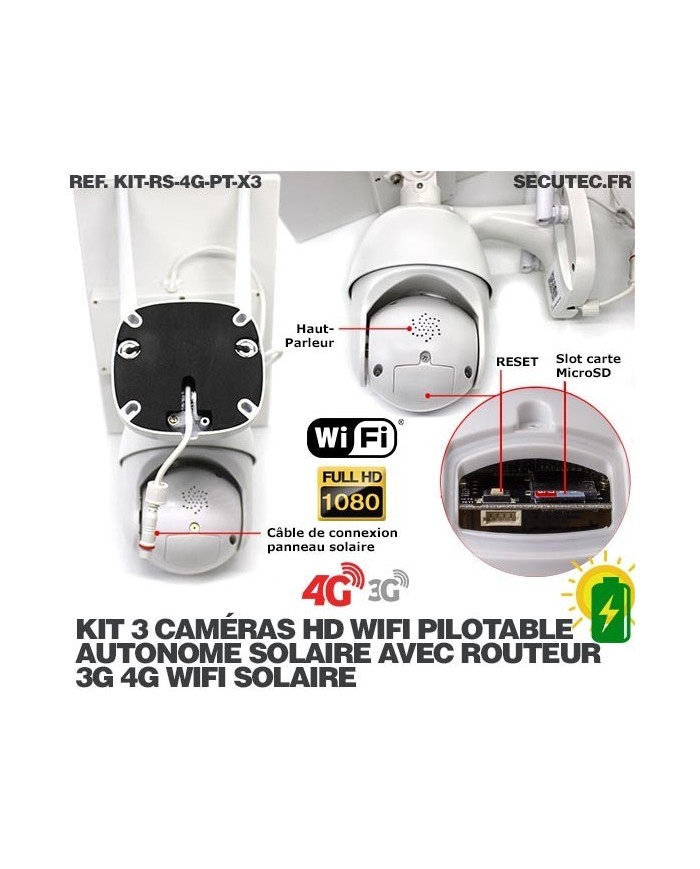 Kit vidéosurveillance 3G 4G autonome solaire avec 3 caméras pilotables solaires WiFi HD 1080P 64 Go