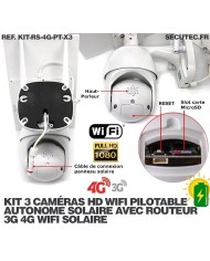 Kit vidéosurveillance 3G 4G autonome solaire avec 3 caméras pilotables solaires WiFi HD 1080P 64 Go
