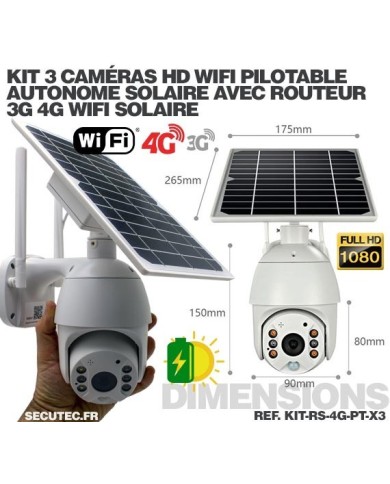 Kit vidéosurveillance 3G 4G autonome solaire avec 3 caméras pilotables solaires WiFi HD 1080P 64 Go Kit vidéosurveillance 3G 4G autonome solaire avec 3 caméras pilotables solaires WiFi HD 1080P 64 Go