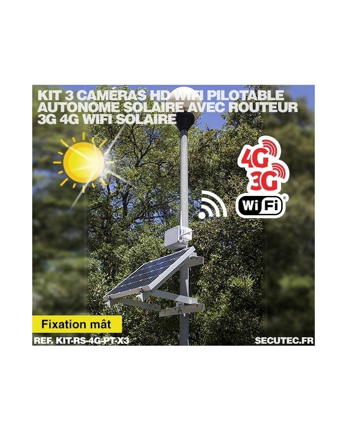 Kit vidéosurveillance 3G 4G autonome solaire avec 3 caméras pilotables solaires WiFi HD 1080P 64 Go