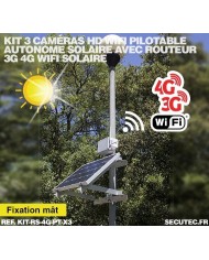 Kit vidéosurveillance 3G 4G autonome solaire avec 3 caméras pilotables solaires WiFi HD 1080P 64 Go