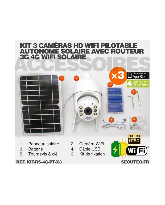 Kit vidéosurveillance 3G 4G autonome solaire avec 3 caméras pilotables solaires WiFi HD 1080P 64 Go