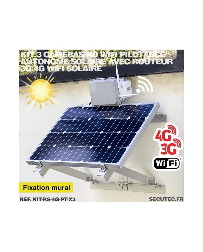 Kit vidéosurveillance 3G 4G autonome solaire avec 3 caméras pilotables solaires WiFi HD 1080P 64 Go