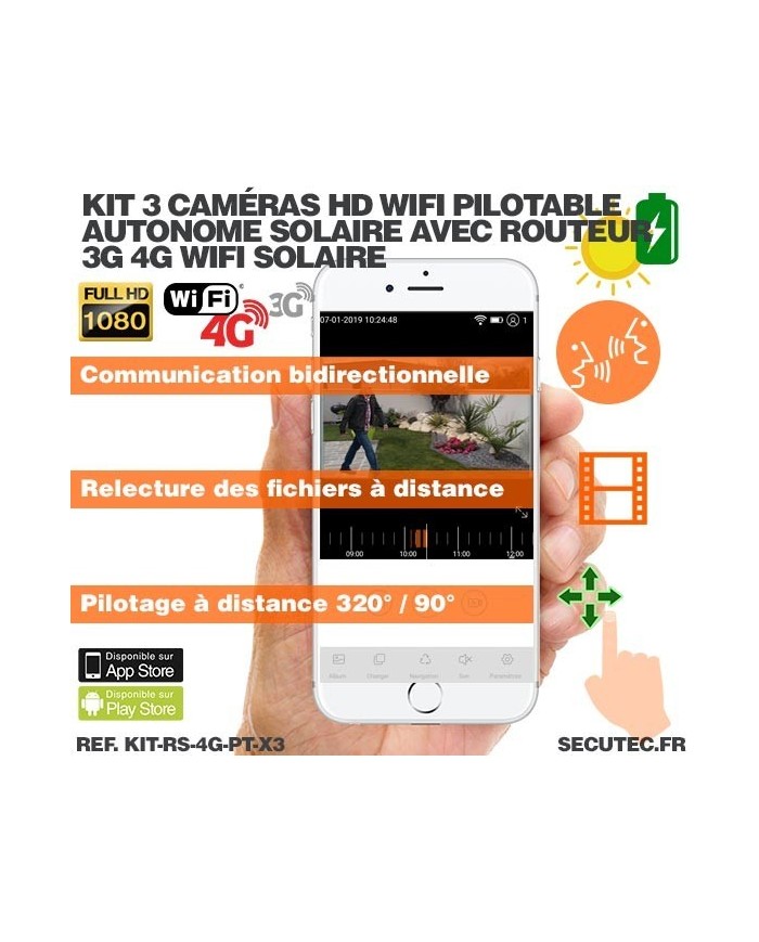 Kit vidéosurveillance 3G 4G autonome solaire avec 3 caméras pilotables solaires WiFi HD 1080P 64 Go