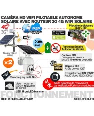 Kit vidéosurveillance 3G 4G autonome solaire avec 2 caméras pilotables solaires WiFi HD 1080P 64 Go