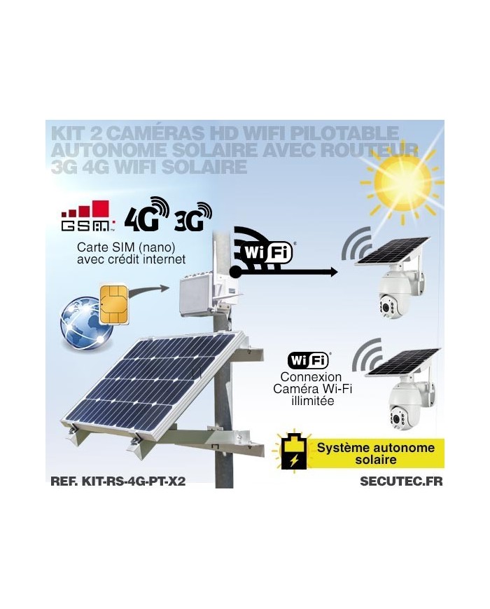 Kit vidéosurveillance 3G 4G autonome solaire avec 2 caméras pilotables solaires WiFi HD 1080P 64 Go