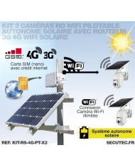 Kit vidéosurveillance 3G 4G autonome solaire avec 2 caméras pilotables solaires WiFi HD 1080P 64 Go