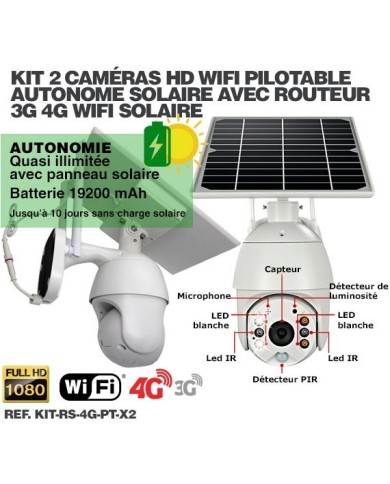Kit vidéosurveillance 3G 4G autonome solaire avec 2 caméras pilotables solaires WiFi HD 1080P 64 Go Kit vidéosurveillance 3G 4G autonome solaire avec 2 caméras pilotables solaires WiFi HD 1080P 64 Go