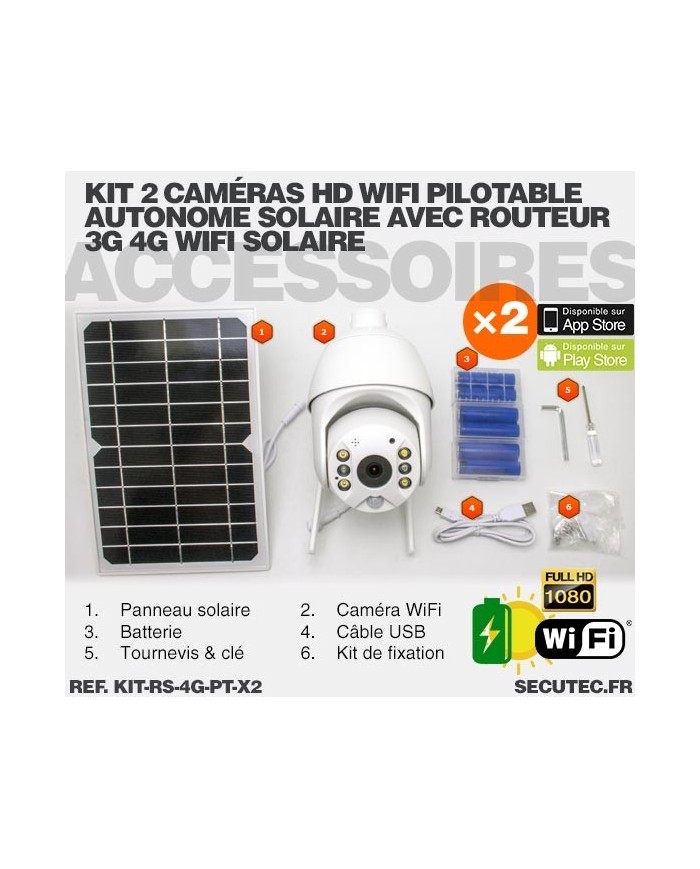 Kit vidéosurveillance 3G 4G autonome solaire avec 2 caméras pilotables solaires WiFi HD 1080P 64 Go