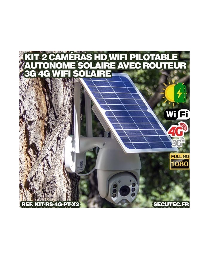 Kit vidéosurveillance 3G 4G autonome solaire avec 2 caméras pilotables solaires WiFi HD 1080P 64 Go
