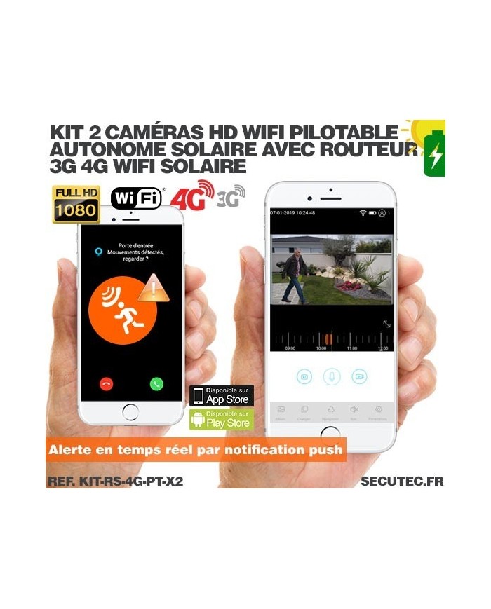 Kit vidéosurveillance 3G 4G autonome solaire avec 2 caméras pilotables solaires WiFi HD 1080P 64 Go