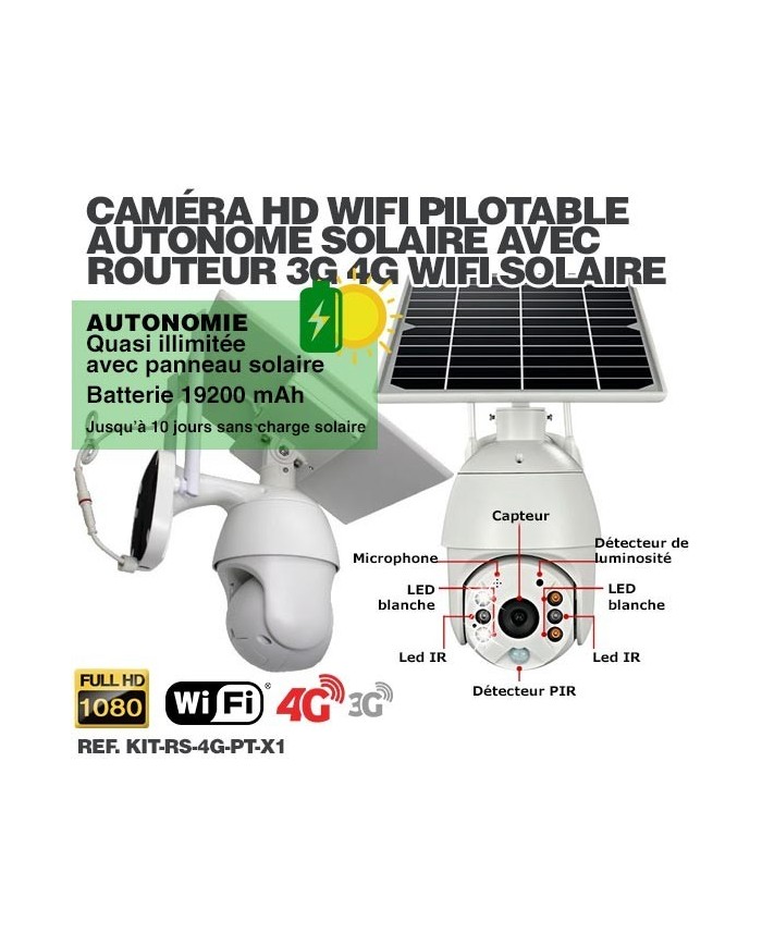 Kit vidéosurveillance 3G 4G autonome solaire avec une caméra pilotable solaire WiFi HD 1080P 64 Go