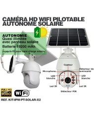Kit 2 caméras pilotables solaires IP Wifi HD 1080P waterproof Infrarouges accès à distance via iPhone Android 64 Go inclus
