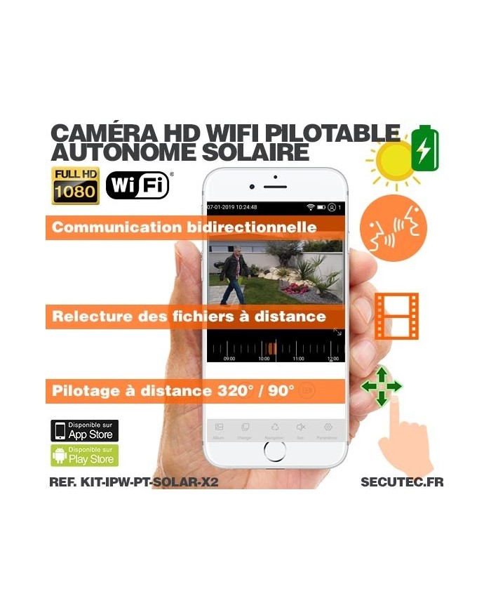 Kit 2 caméras pilotables solaires IP Wifi HD 1080P waterproof Infrarouges accès à distance via iPhone Android 64 Go inclus