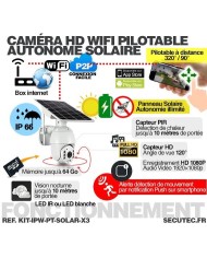 Kit 3 caméras pilotables solaires IP Wifi HD 1080P waterproof Infrarouges accès à distance via iPhone Android 64 Go inclus