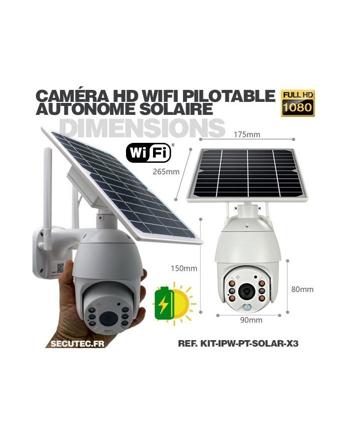 Kit 3 caméras pilotables solaires IP Wifi HD 1080P waterproof Infrarouges accès à distance via iPhone Android 64 Go inclus