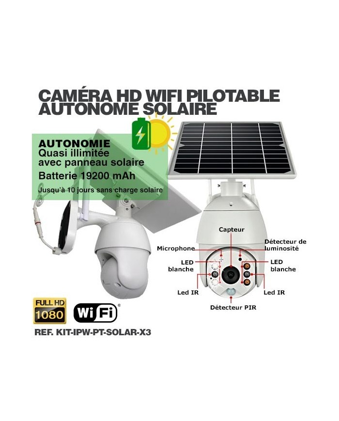 Kit 3 caméras pilotables solaires IP Wifi HD 1080P waterproof Infrarouges accès à distance via iPhone Android 64 Go inclus