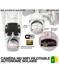 Kit 3 caméras pilotables solaires IP Wifi HD 1080P waterproof Infrarouges accès à distance via iPhone Android 64 Go inclus