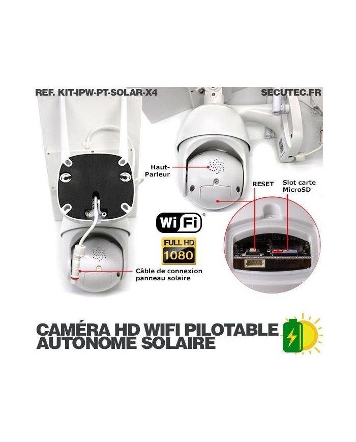 Kit 4 caméras pilotables solaires IP Wifi HD 1080P waterproof Infrarouges accès à distance via iPhone Android 64 Go inclus