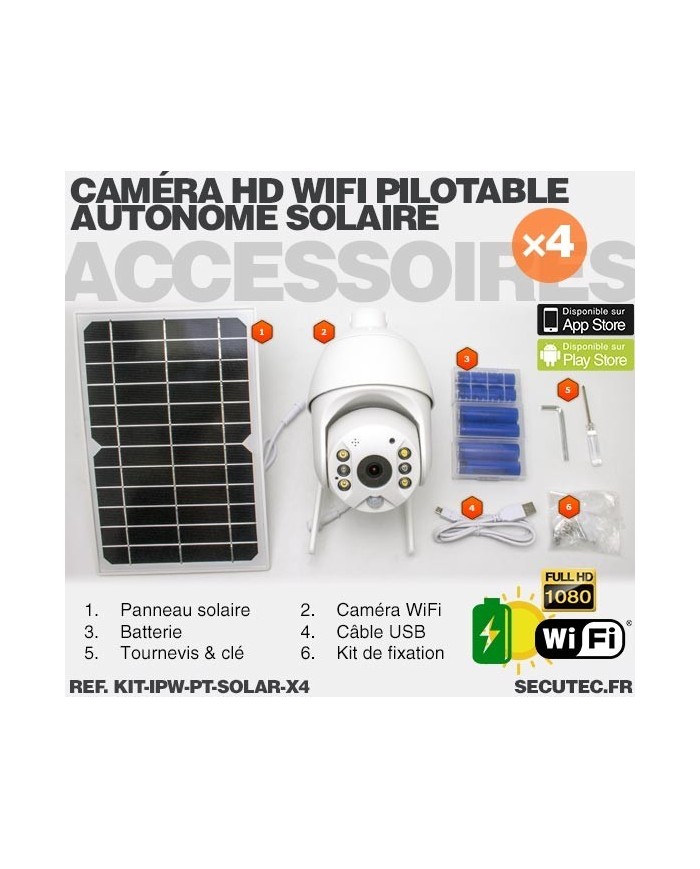 Kit 4 caméras pilotables solaires IP Wifi HD 1080P waterproof Infrarouges accès à distance via iPhone Android 64 Go inclus