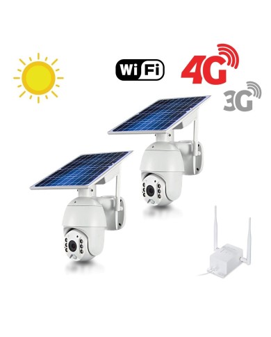 Kit 2 caméras pilotables solaires Wifi HD 1080P waterproof Infrarouges 64 Go inclus avec routeur GSM 3G 4G WiFi Kit 2 caméras pilotables solaires Wifi HD 1080P waterproof Infrarouges 64 Go inclus avec routeur GSM 3G 4G WiFi