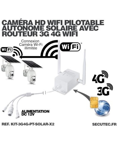 Kit 2 caméras pilotables solaires Wifi HD 1080P waterproof Infrarouges 64 Go inclus avec routeur GSM 3G 4G WiFi Kit 2 caméras pilotables solaires Wifi HD 1080P waterproof Infrarouges 64 Go inclus avec routeur GSM 3G 4G WiFi