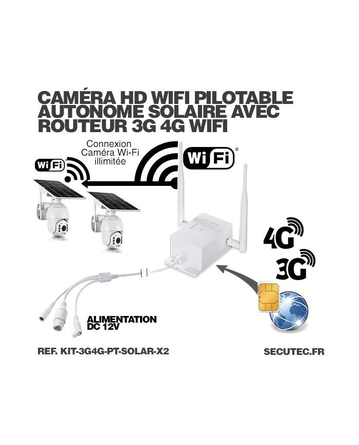 Kit 2 caméras pilotables solaires Wifi HD 1080P waterproof Infrarouges 64 Go inclus avec routeur GSM 3G 4G WiFi