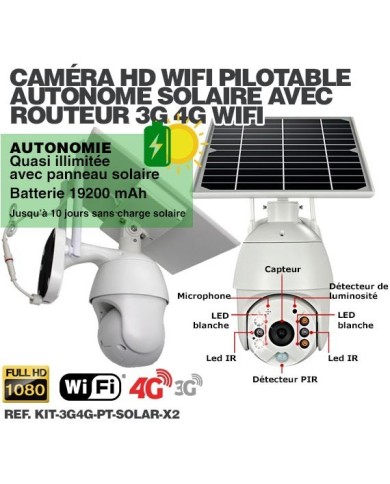 Kit 2 caméras pilotables solaires Wifi HD 1080P waterproof Infrarouges 64 Go inclus avec routeur GSM 3G 4G WiFi Kit 2 caméras pilotables solaires Wifi HD 1080P waterproof Infrarouges 64 Go inclus avec routeur GSM 3G 4G WiFi