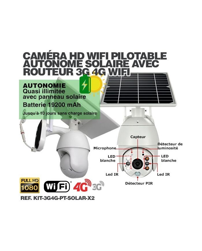 Kit 2 caméras pilotables solaires Wifi HD 1080P waterproof Infrarouges 64 Go inclus avec routeur GSM 3G 4G WiFi