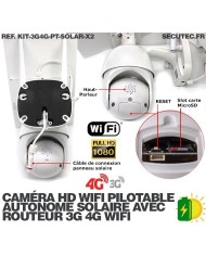 Kit 2 caméras pilotables solaires Wifi HD 1080P waterproof Infrarouges 64 Go inclus avec routeur GSM 3G 4G WiFi